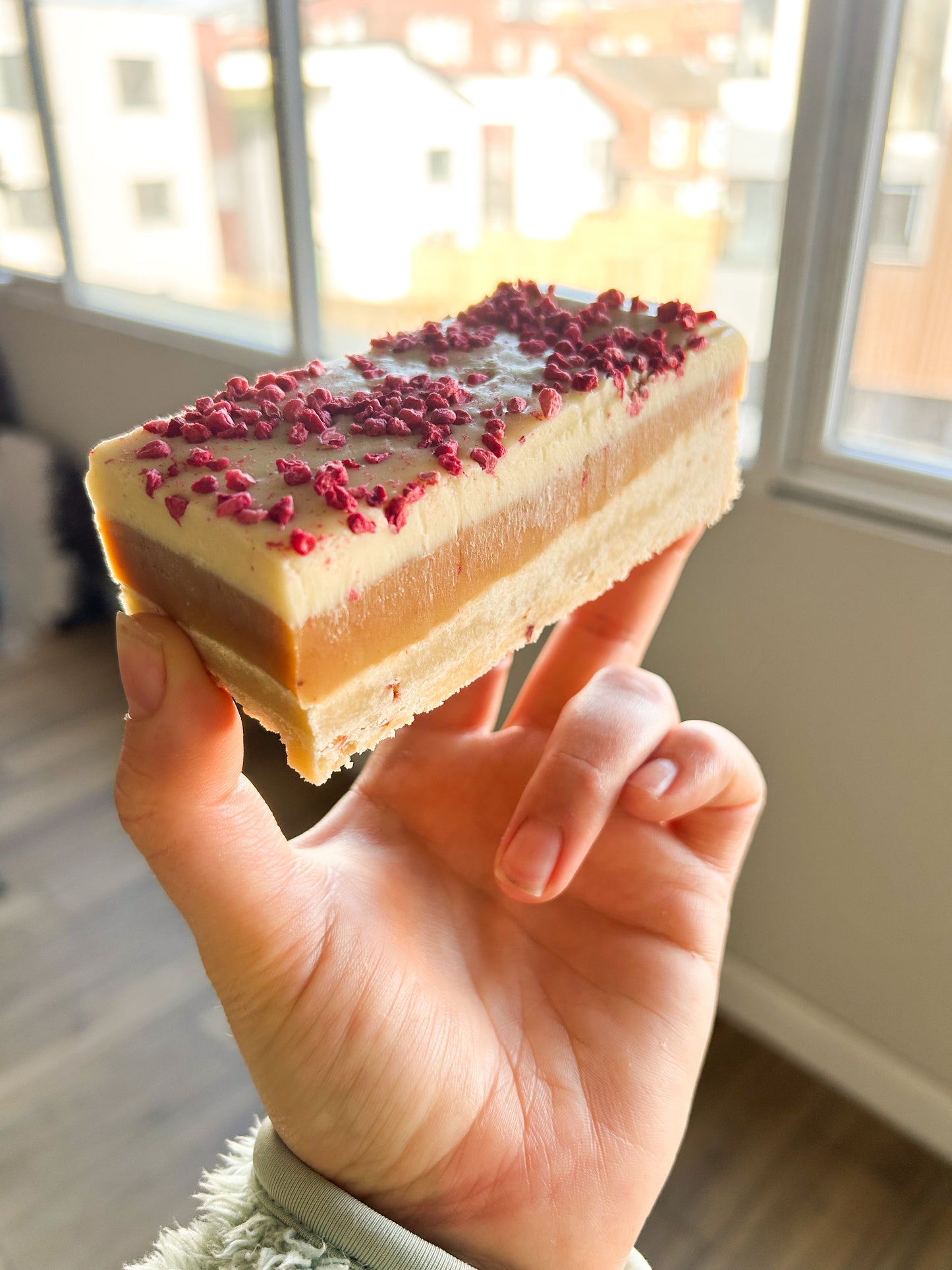 Raspberry and White Chocolate Millionaire shortbread